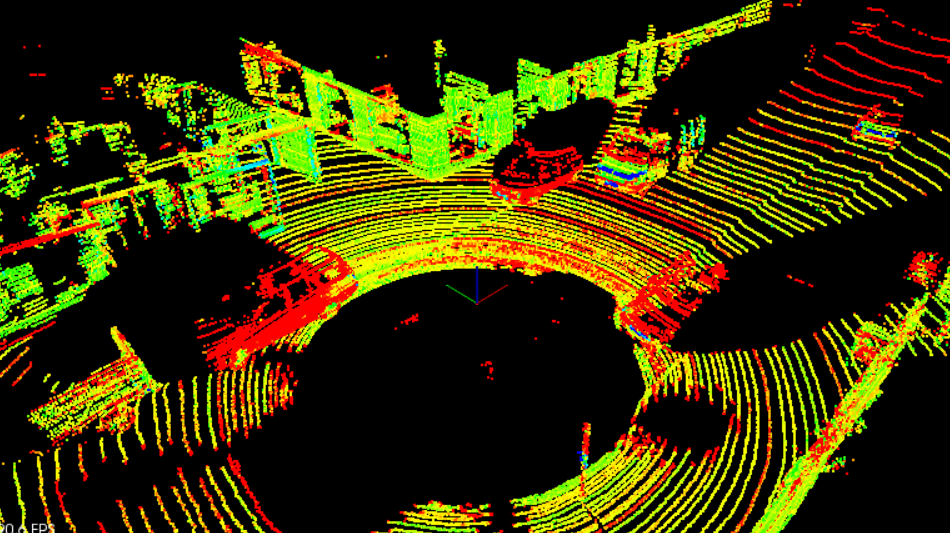 PCD of a city block with parked cars, and a passing van. Intensity values are being shown as different colors. The big black spot is where the car with the lidar sensor is located.